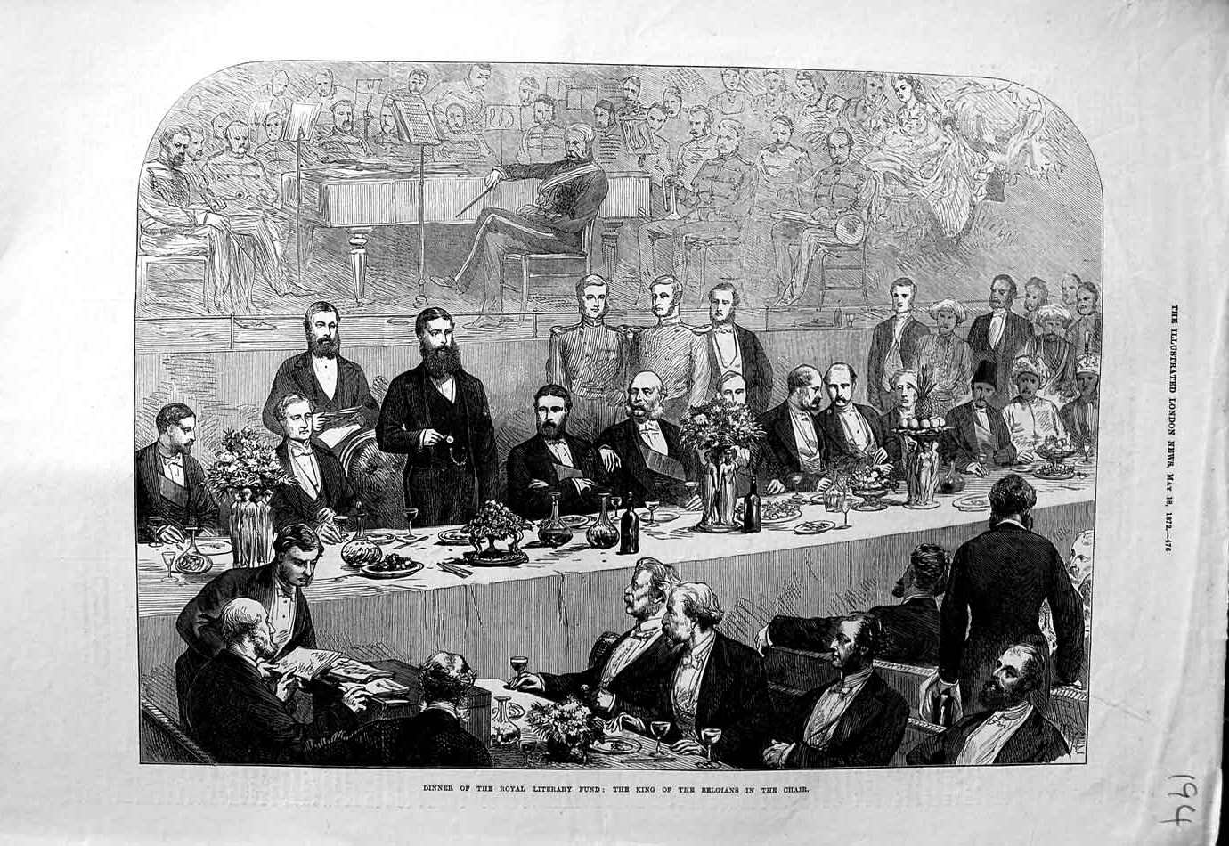 Original Old Antique Print 1872 Dinner Royal Artillery Fund King Belgians Chair