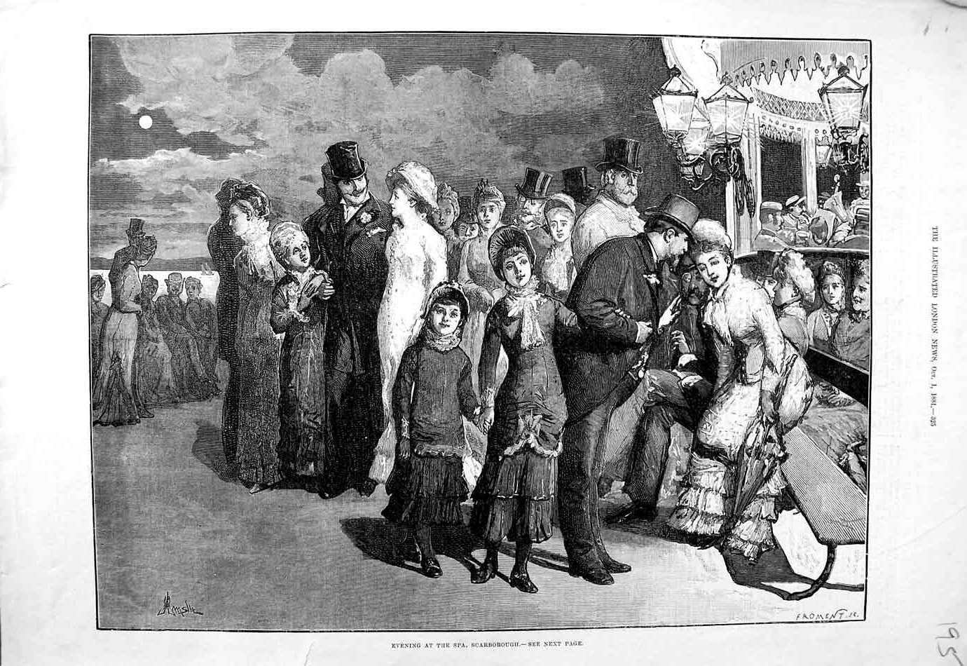 Original Old Antique Print 1881 Evening Spa Scraborough England Fine Art 19th