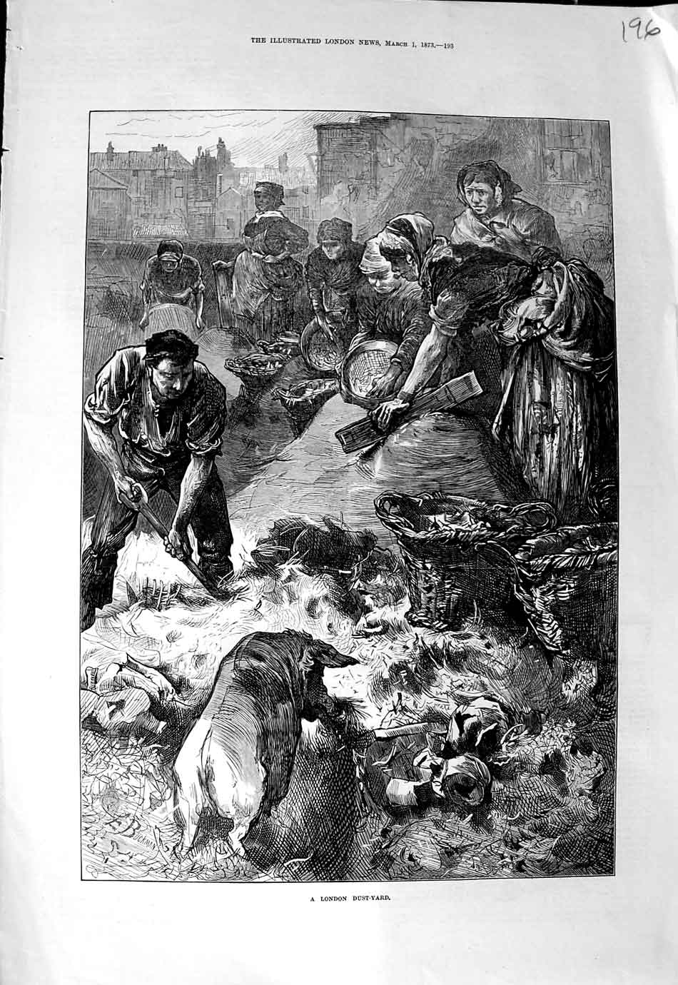 Original Old Antique Print 1873 Scene London Dust Yard Pigs People Fine Art