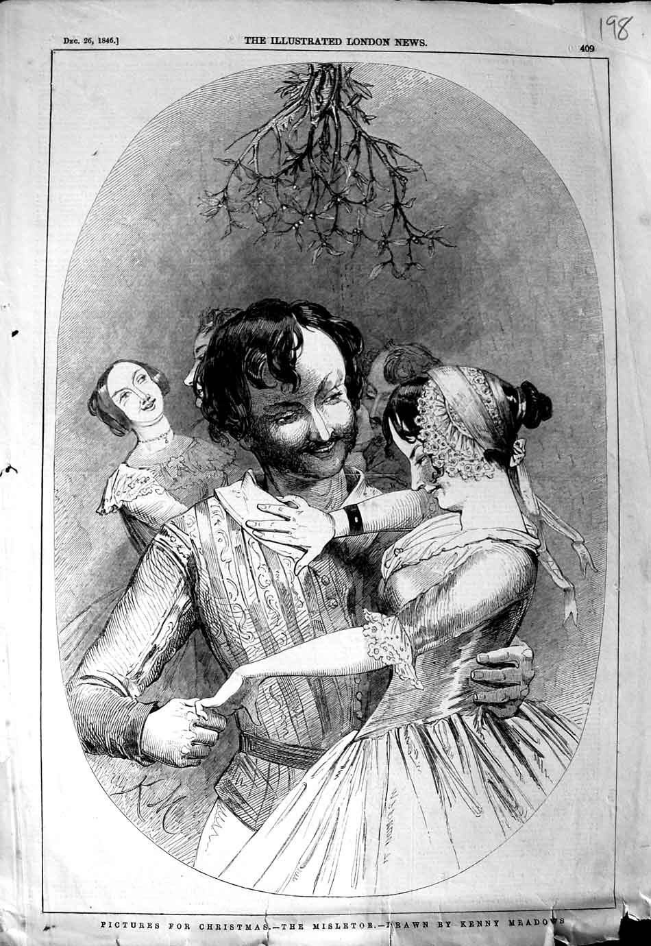 Original Old Antique Print 1846 Christmas Mistletoe Man Woman Romance Victorian