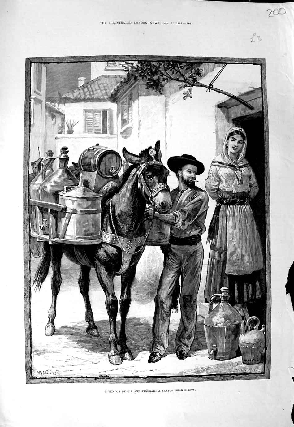 Old Antique Print 1883 Street Seller Vendor Oil Vinegar Lisbon Portugal 19th