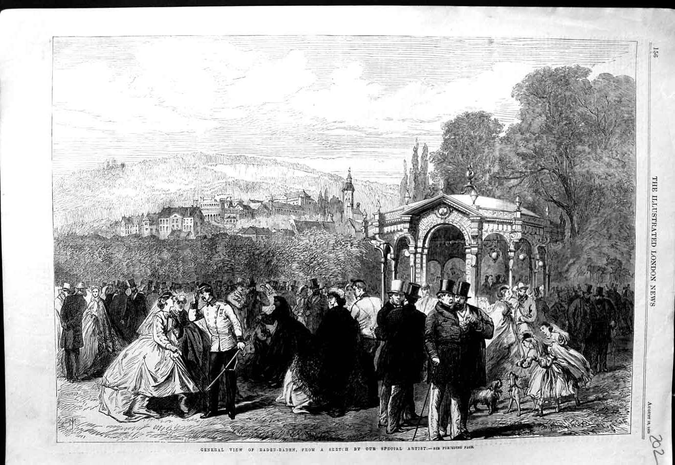 Original Old Antique Print 1865 General View Baden-Baden 19th Century