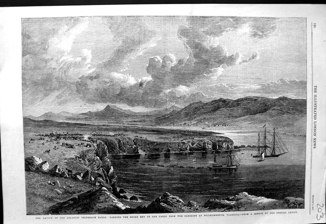 Original Old Antique Print 1865 Telegraph Cable Ship Caroline Foilhommerum 19th