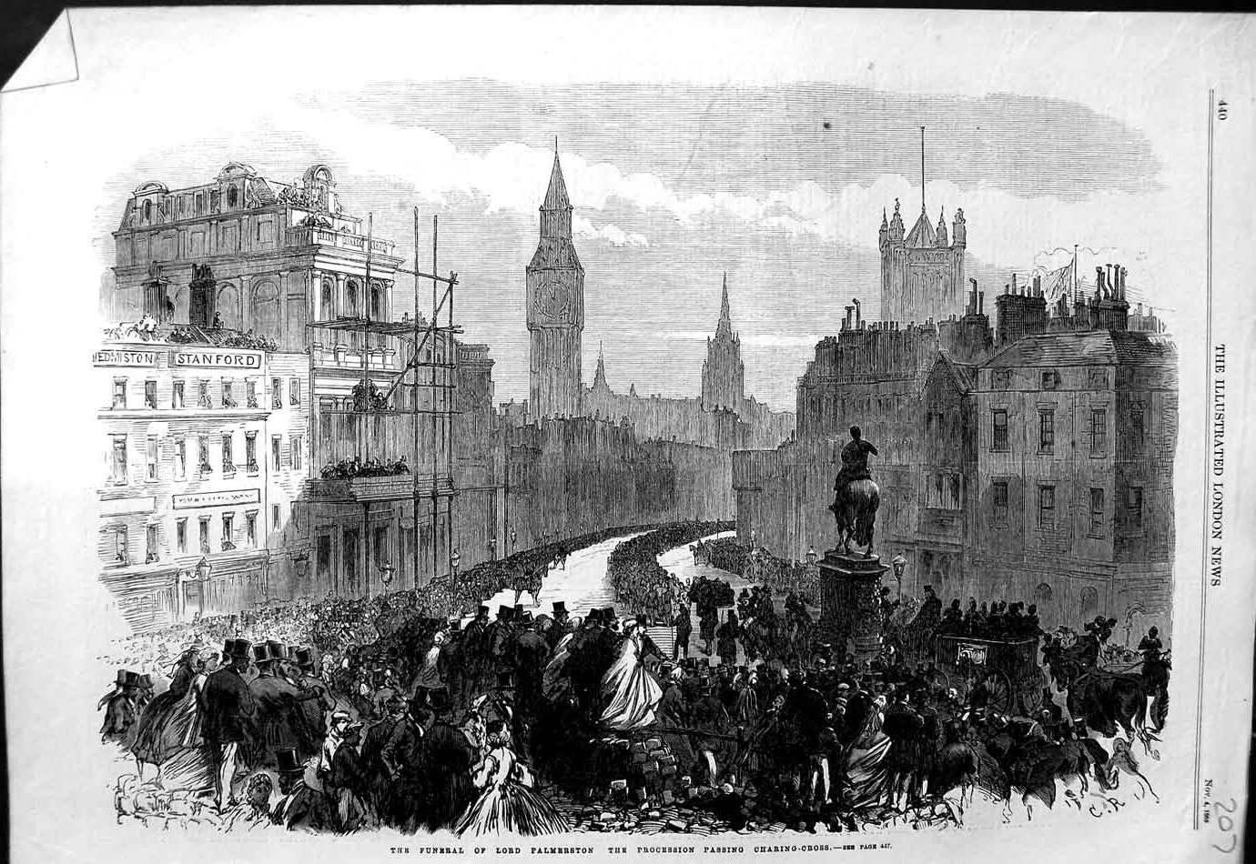 Old Antique Print 1865 Funeral Lord Palmerston Procession Charing Cross 19th