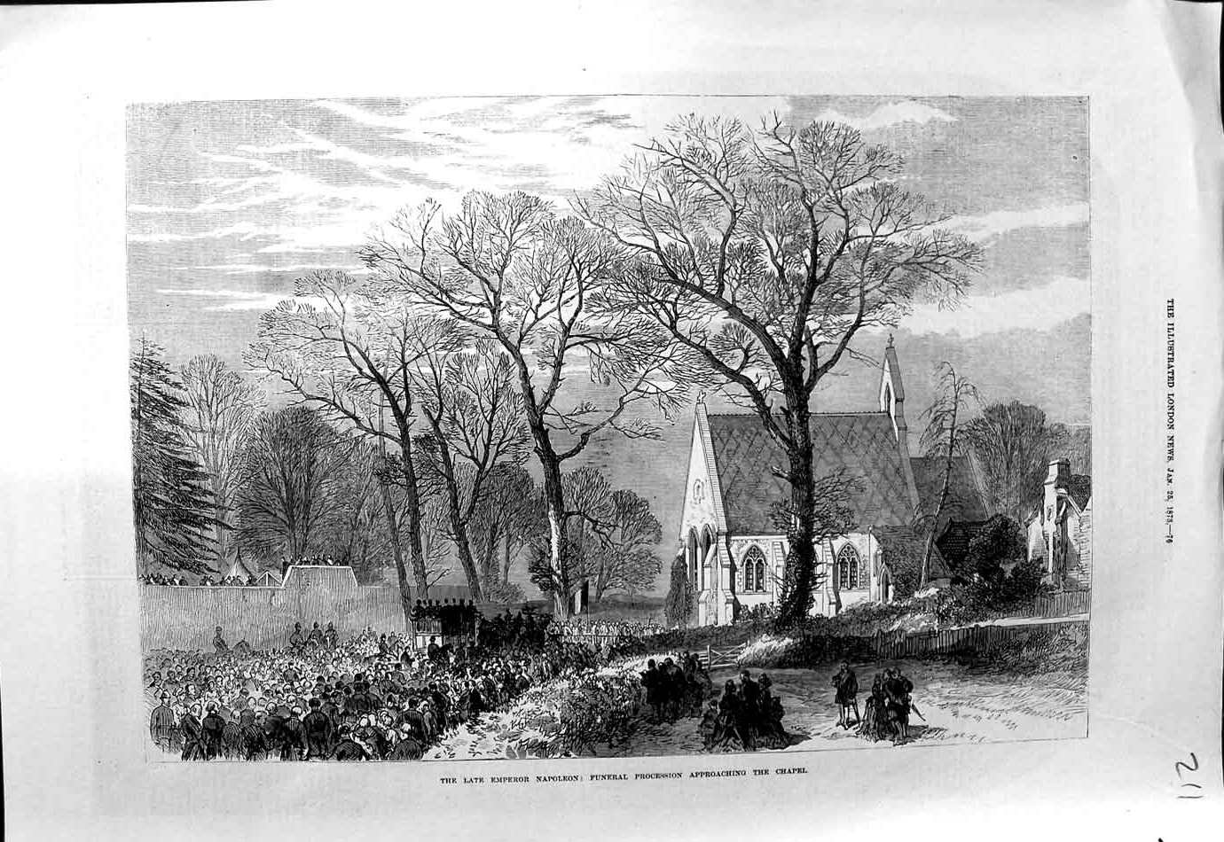 Original Old Antique Print 1873 Emperor Napoleon Funeral Procession Chapel 19th