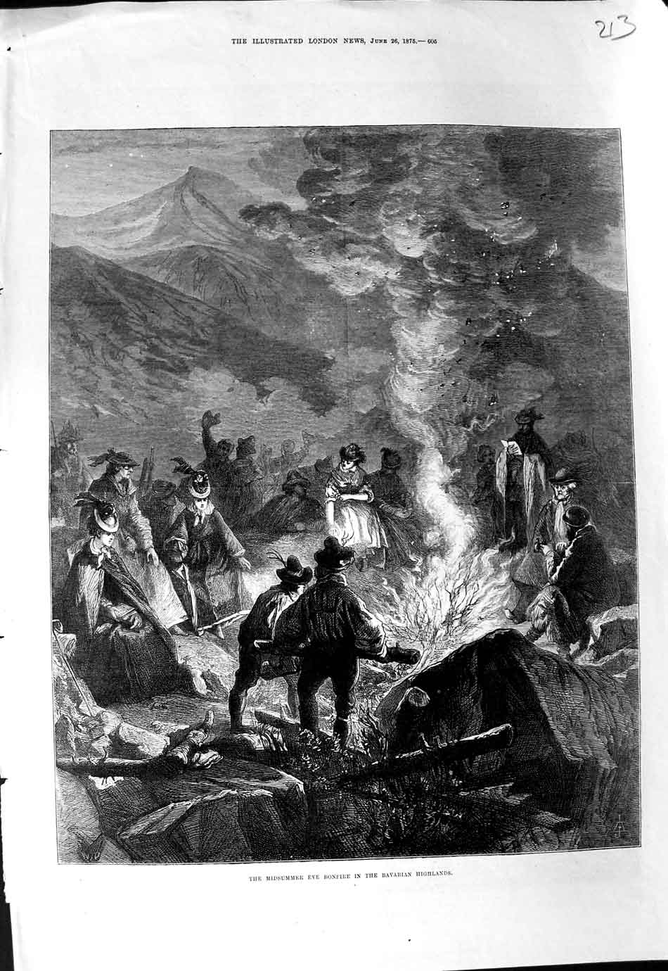 Old Antique Print Ref.500 1875 Midsummer Eve Bonfire Bavarian Highlands