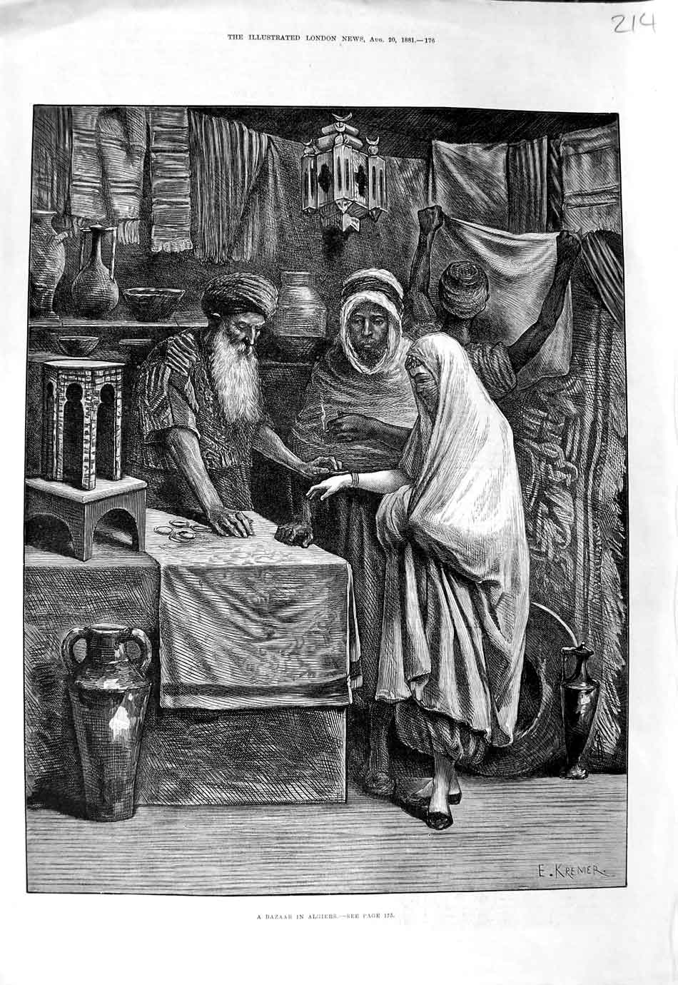 Original Old Antique Print 1881 Fine Art Bazaar Algiers Men Seller Market 19th