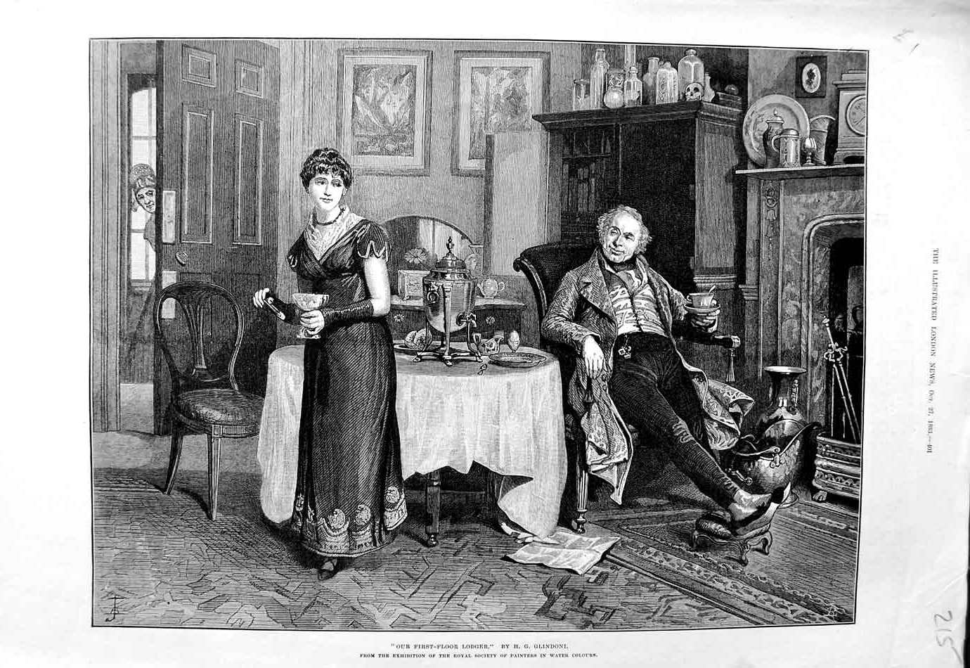 Original Old Antique Print 1883 Glindoni Fine Art Man Lady Dinner Table House