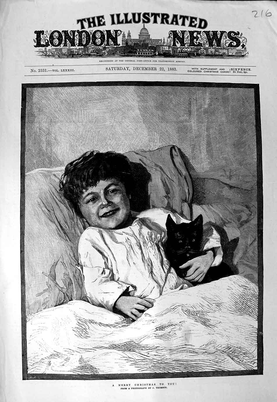 Old Antique Print 1883 Thomson Fine Art Little Girl Kitten Cat Christmas 19th