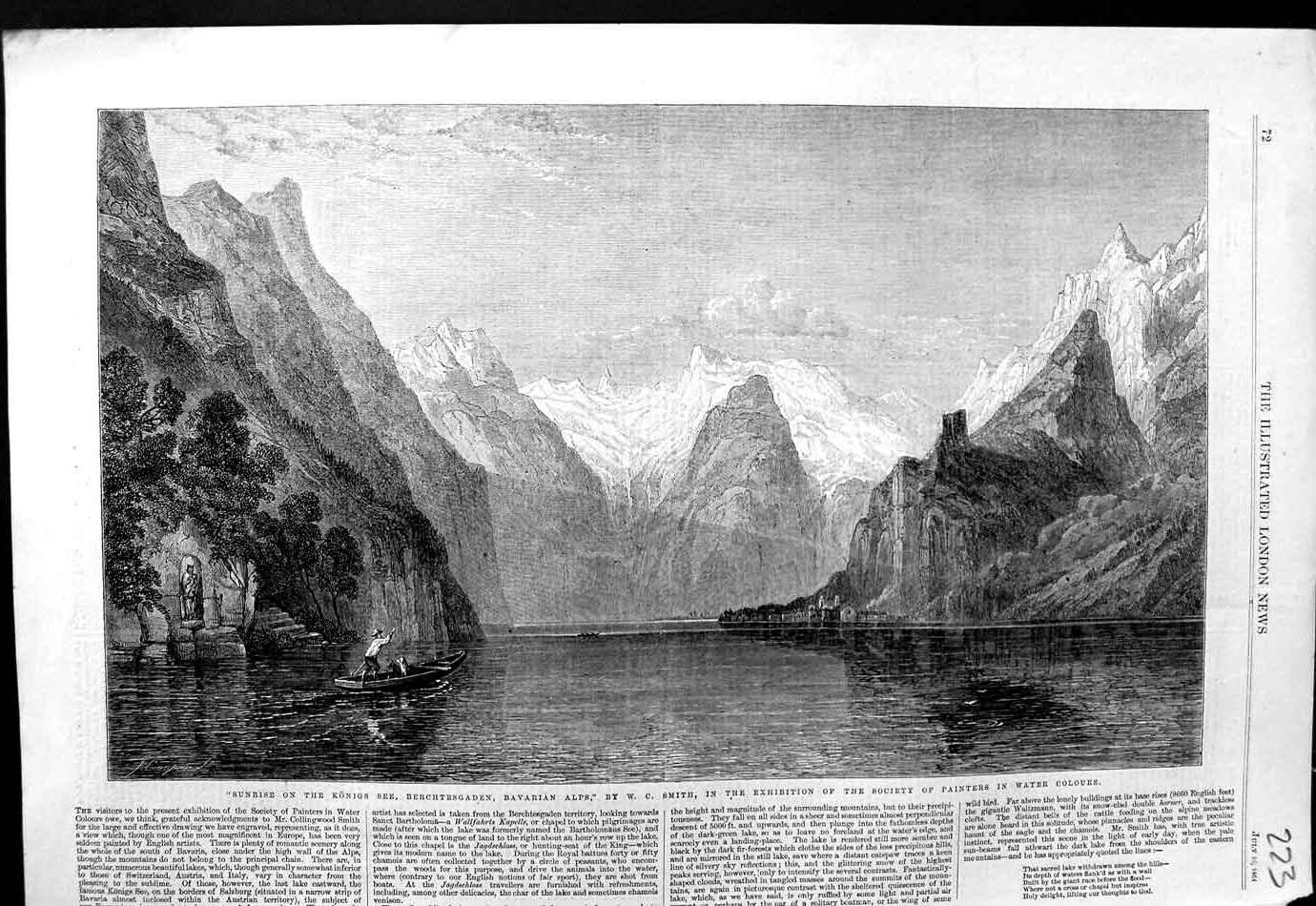 Original Old Antique Print 1864 Sunrise Konigs See Berchtesgaden Bavarian Alps
