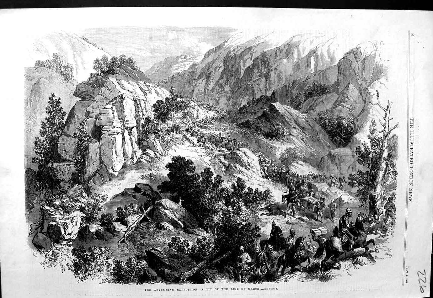Original Old Antique Print 1868 Abyssinian Expedition Line Marching Siers 19th