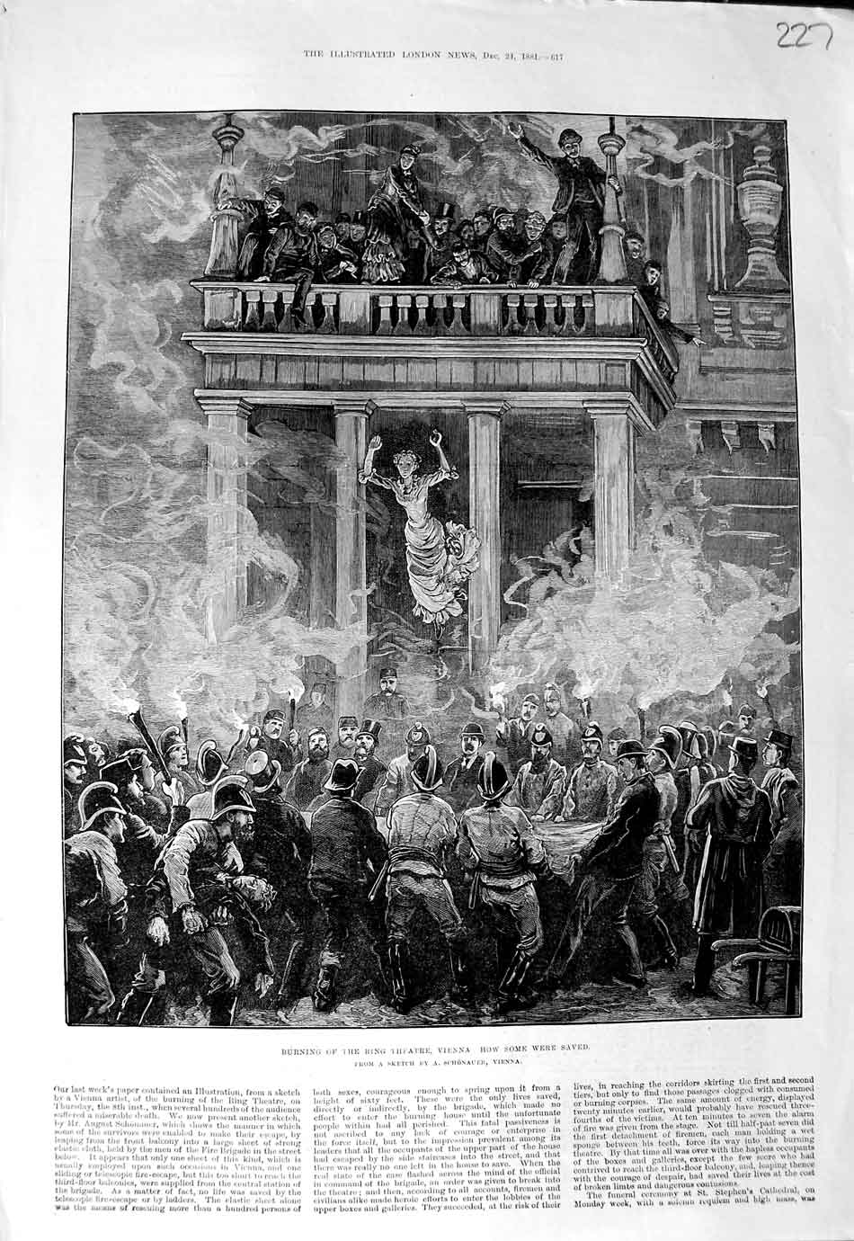 Original Old Antique Print 1881 Burning Ring Theatre Vienna Firemen Fine Art
