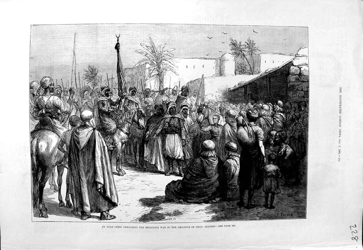 Original Old Antique Print 1881 Arab Chief Preaching Religious War Oran Algiers