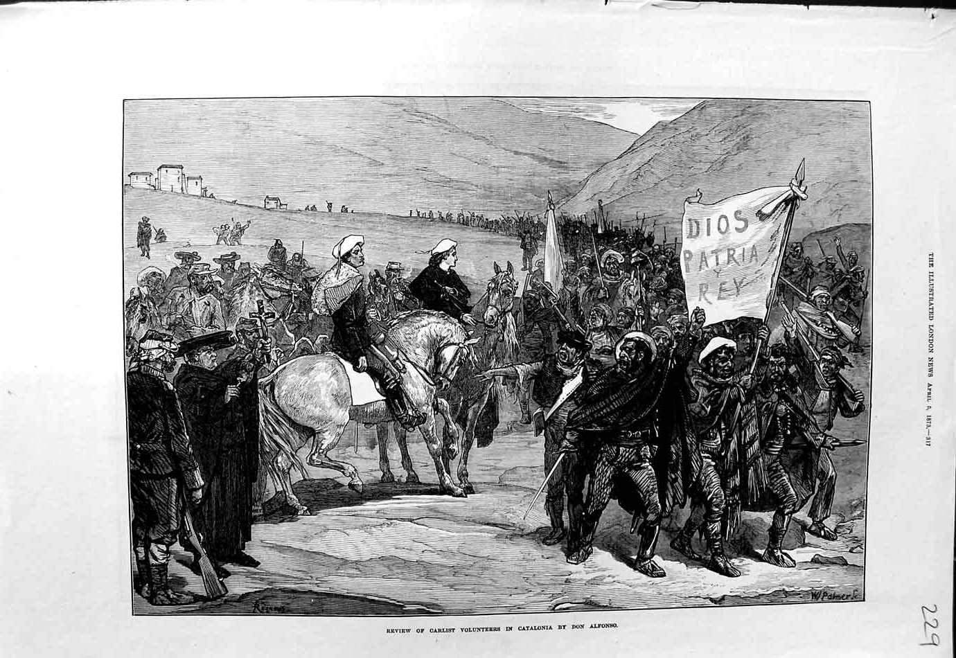 Original Old Antique Print 1873 Review Carlist Volunteers Catalonia Don Alfonso
