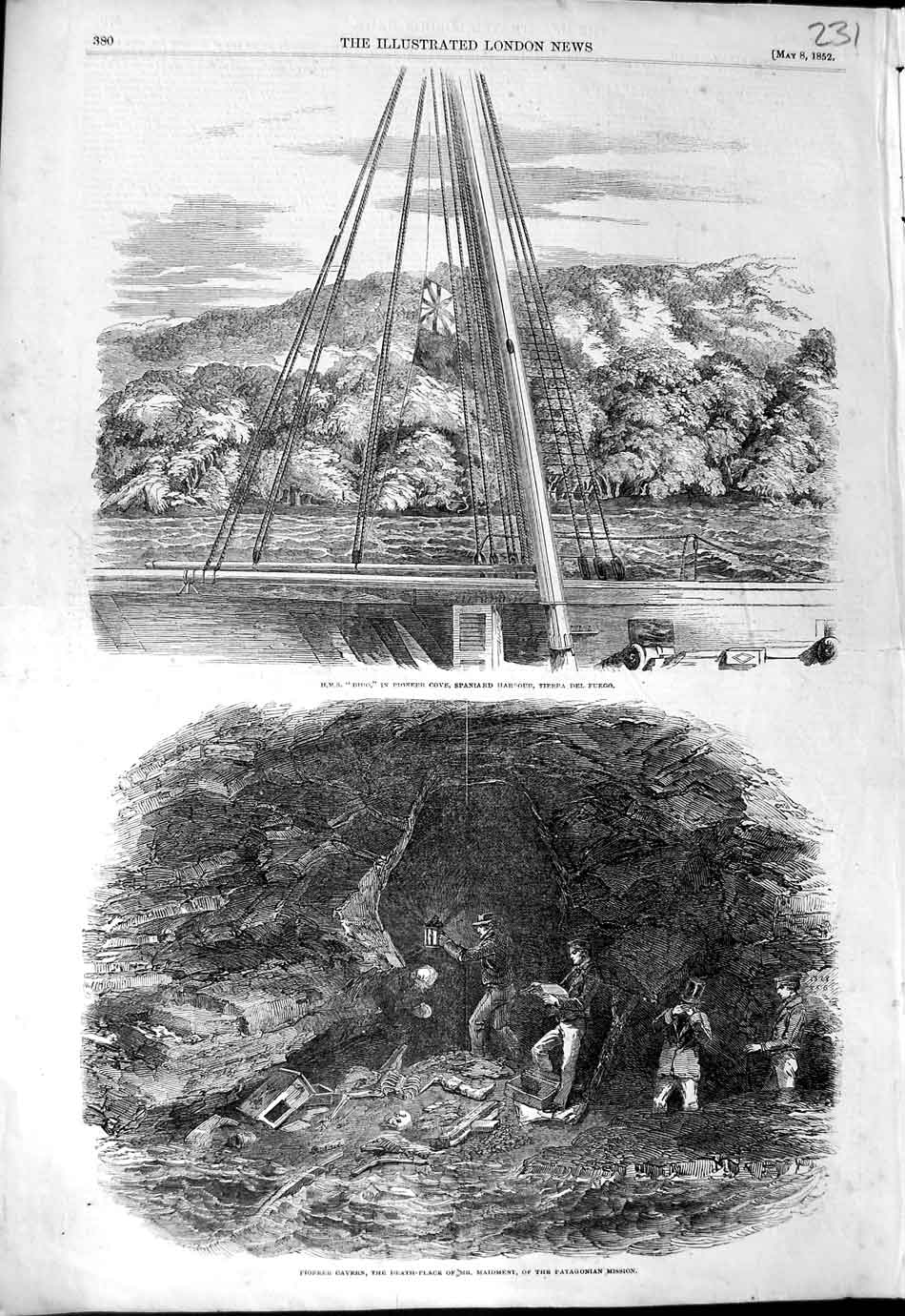 Old Antique Print 1852 Pioneer Cavern Maidment Patagonian Ship Dido Fuego 19th
