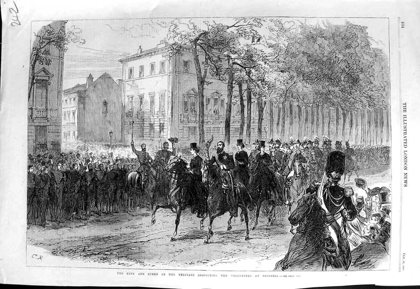 Original Old Antique Print 1866 King Queen Belgians Volunteers Siers Brussels