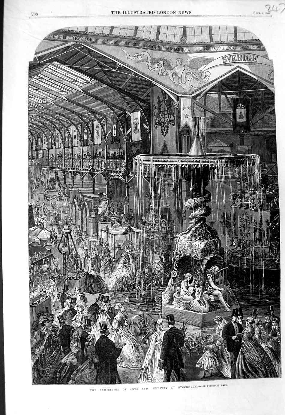 Original Old Antique Print 1866 Exhibition Arts Industry Stockholm Sweden 19th