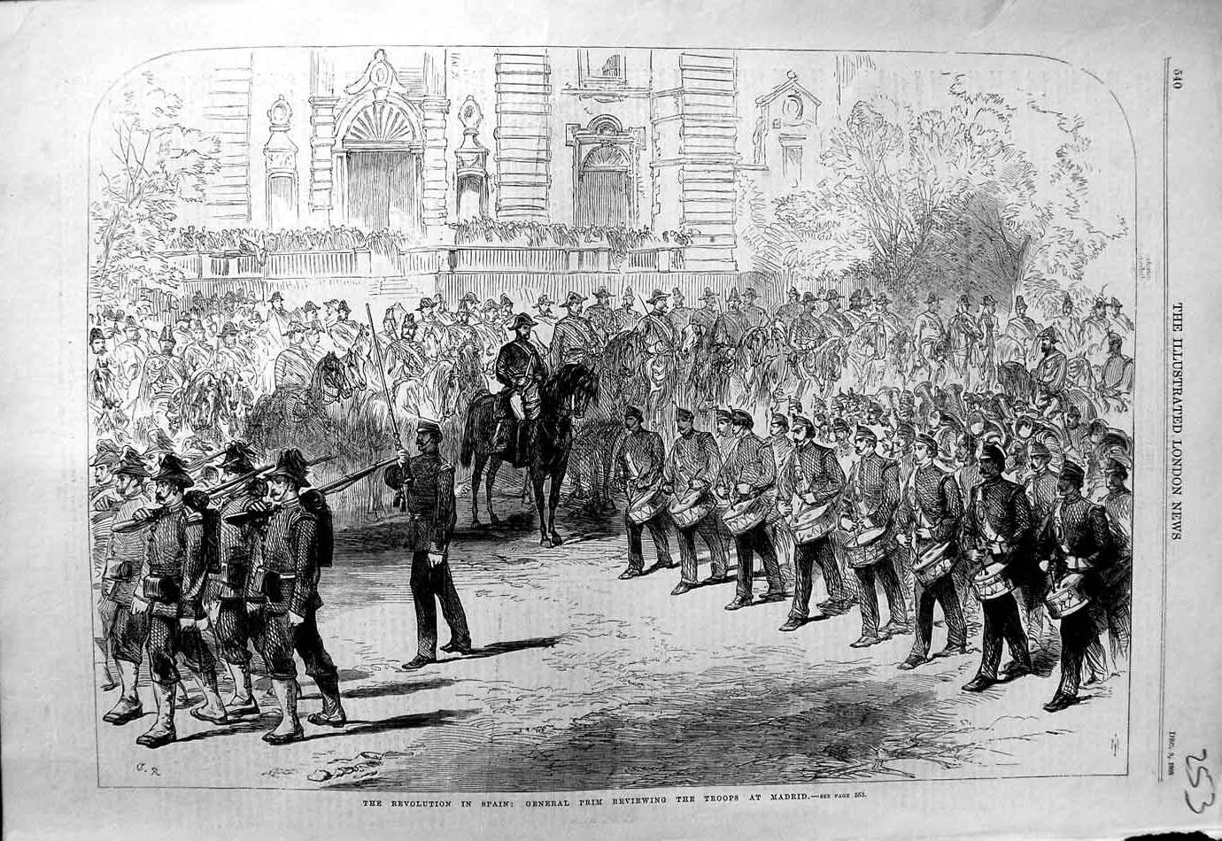 Original Old Antique Print 1868 Revolution Spain General Prim Troops Madrid