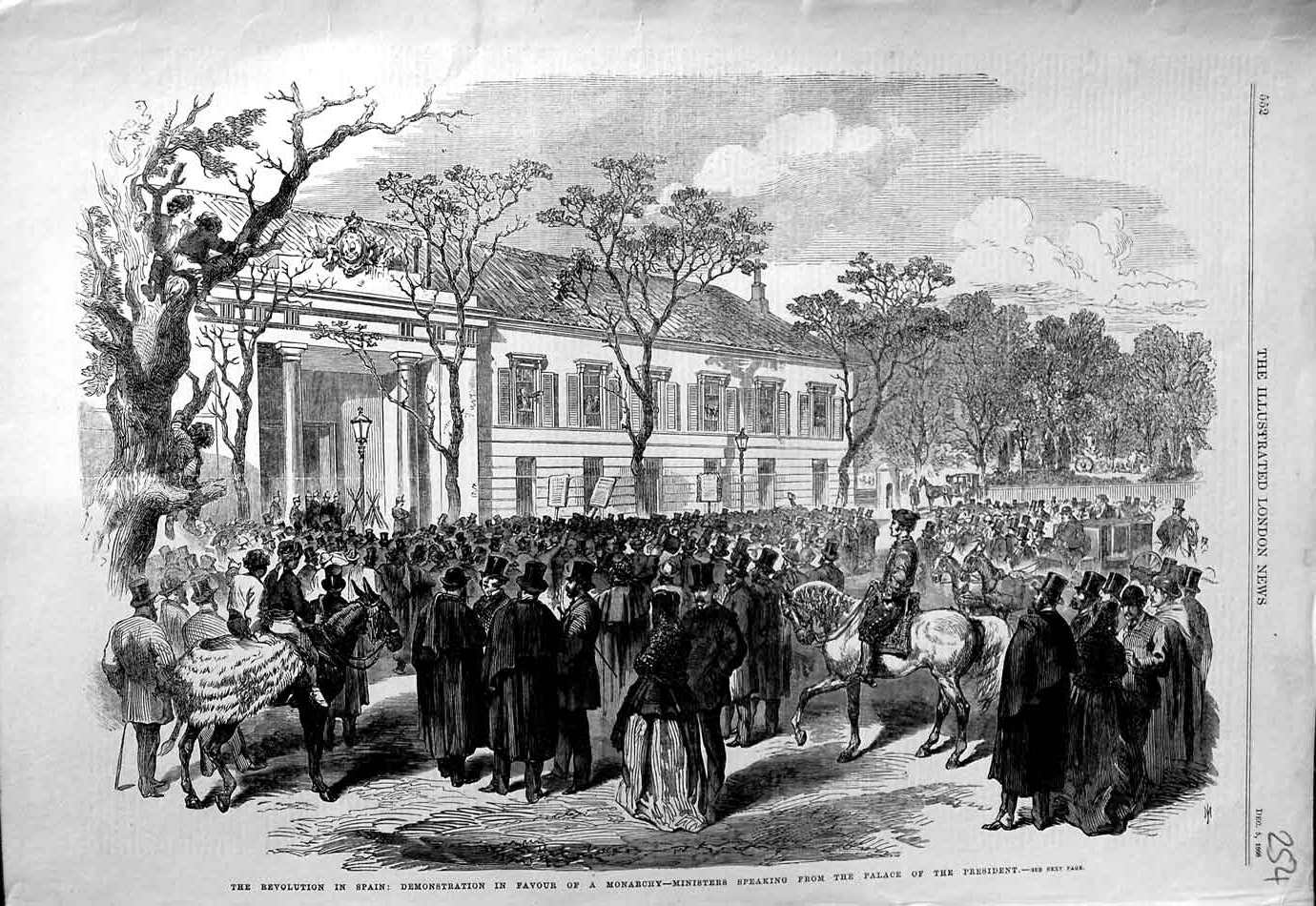 Original Old Antique Print 1868 Revolution Spain Ministers Palace President