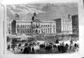 Old Antique Print 1868 Revolution Spain Flag Public Offices Puerta Madrid 19th