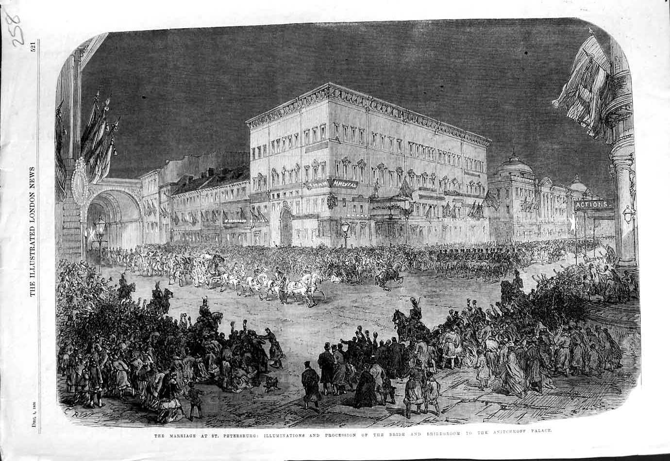 Original Old Antique Print 1866 Marriage St. Petersburg Bride Antichkoff Palace