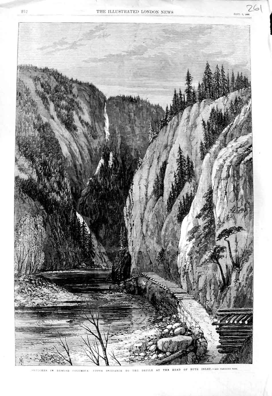 Old Antique Print 1868 British Columbia Entrance Defile Head Bute Inlet 19th