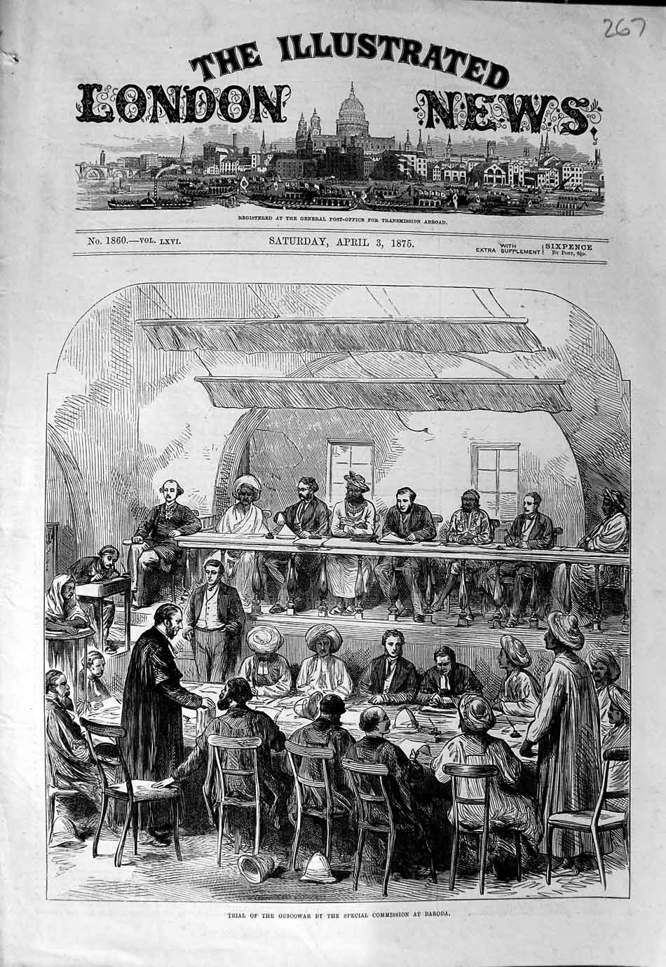Original Old Antique Print 1875 Trial Guicowar Special Commission Baroda 19th