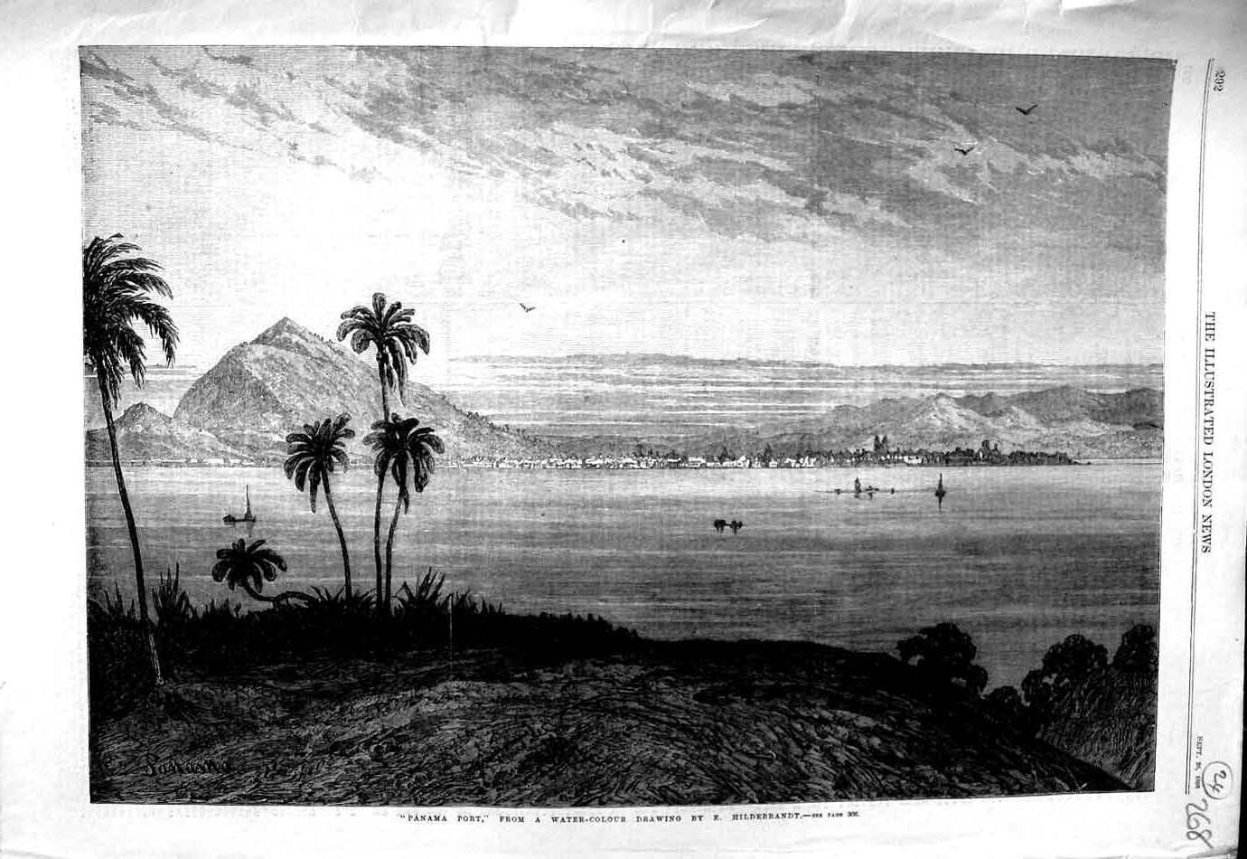 Old Antique Print 1868 View Panama Port Mountains Trees Hildebrandt Art 19th
