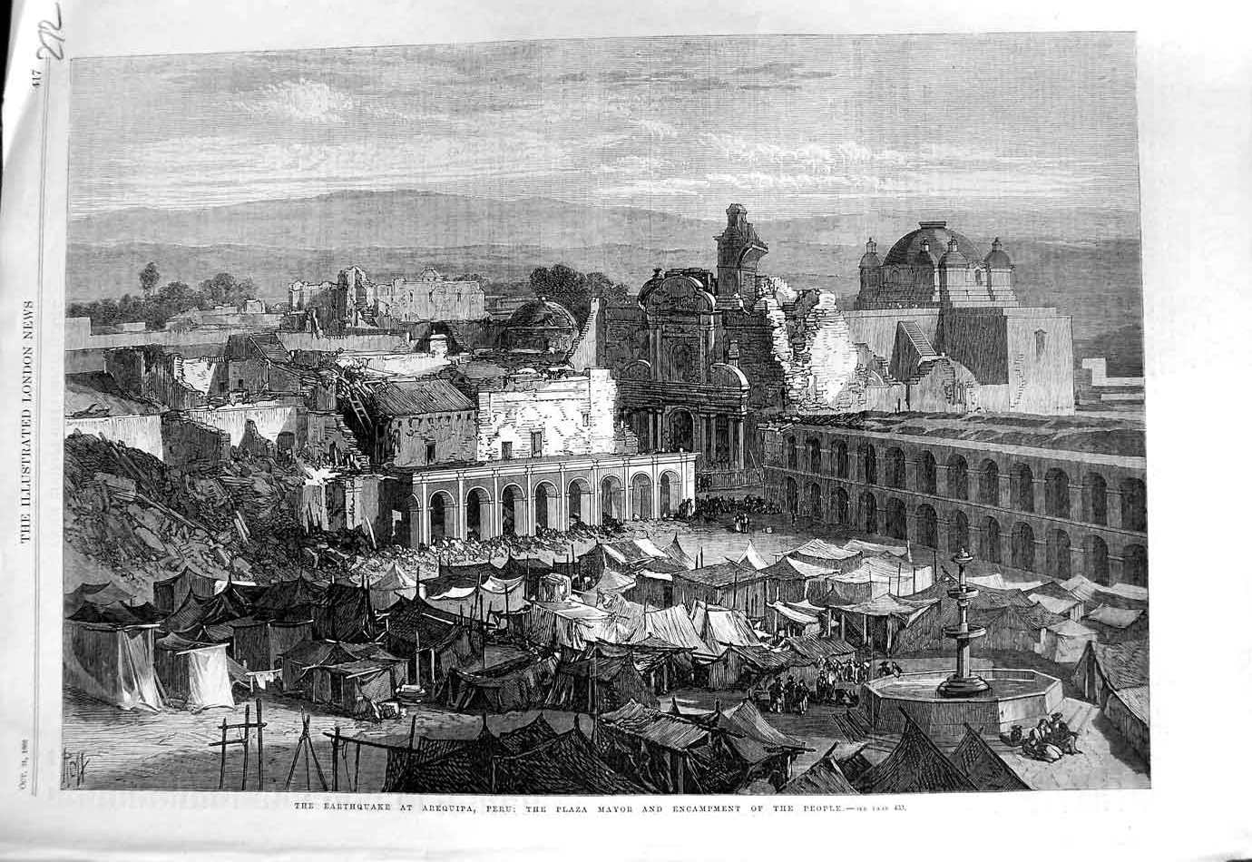 Original Old Antique Print 1868 Earthquake Arequipa Peru Plaza Mayor Encampment