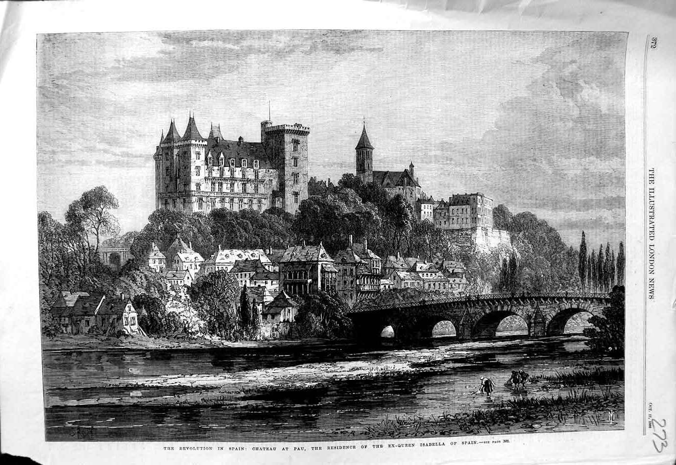 Original Old Antique Print 1868 Revolution Spain Chateau Pau Ex-Queen Isabella