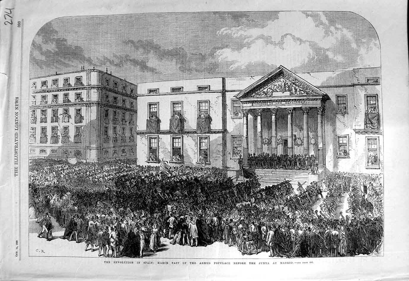 Original Old Antique Print 1868 Revolution Spain Armed Populace Junta Madrid