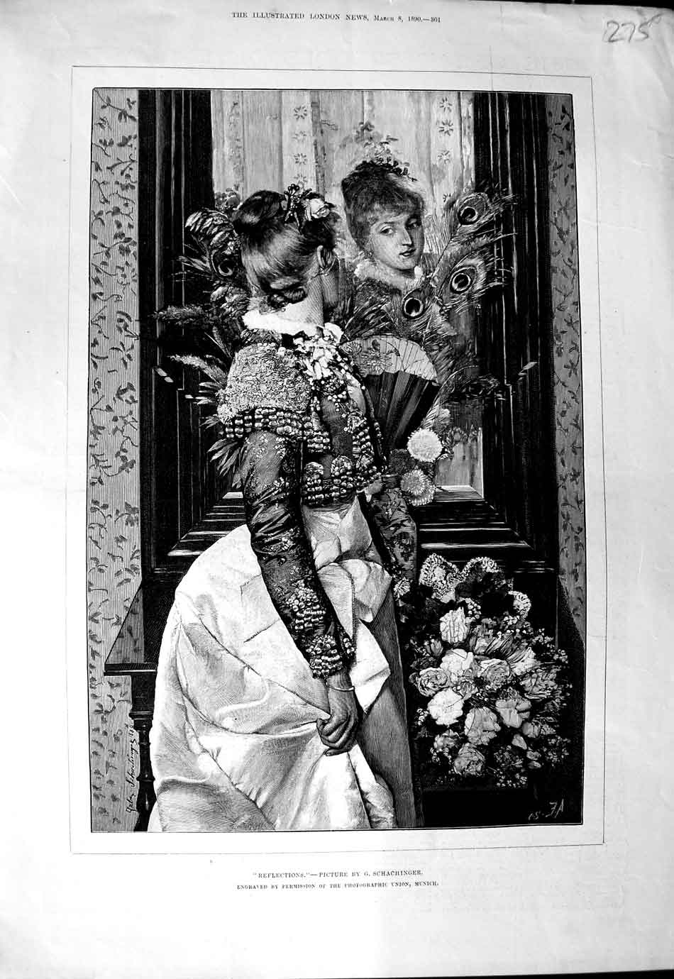Old Antique Print 1890 Schachinger Fine Art Portrait Lady Woman Flowers 19th