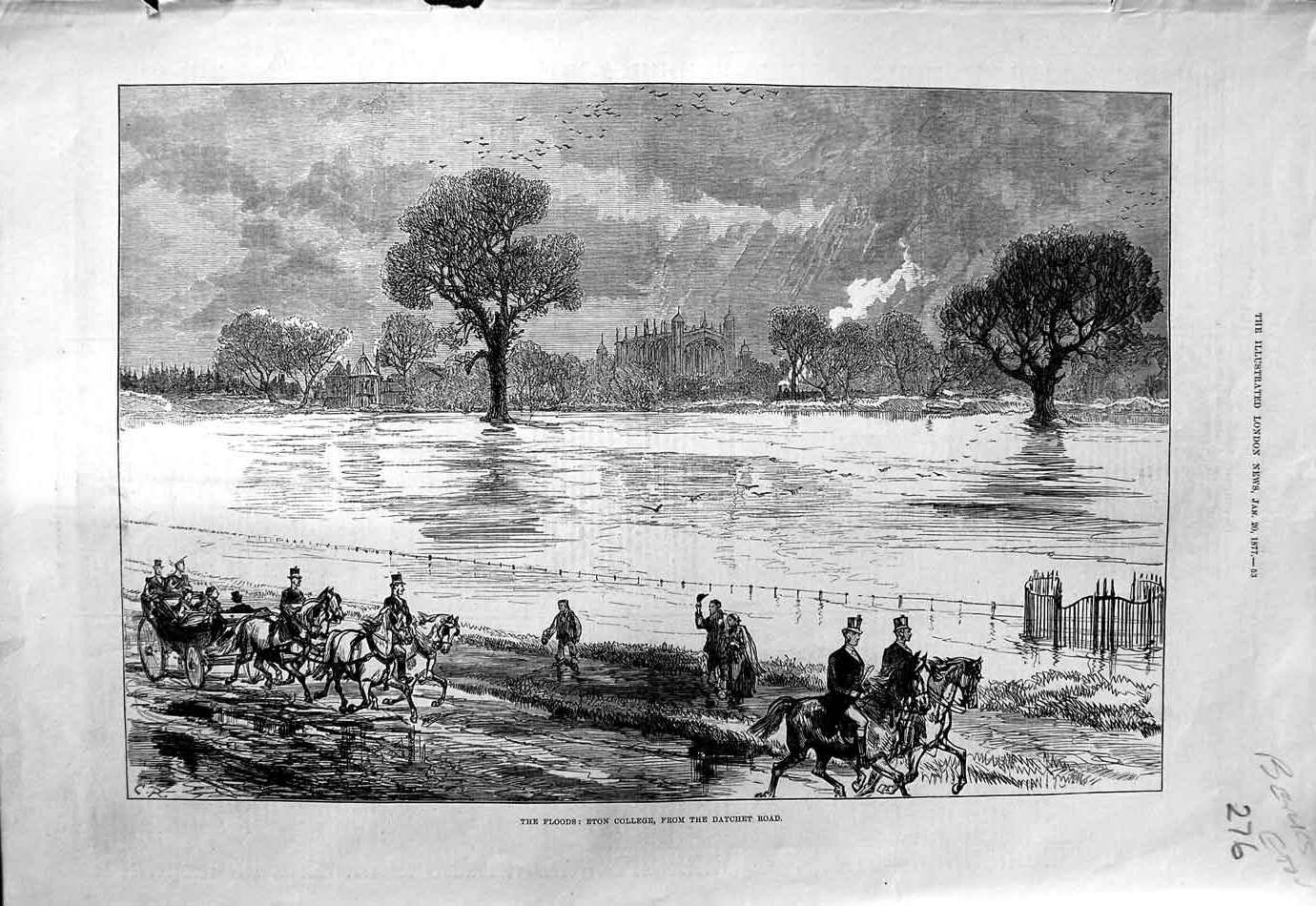 Original Old Antique Print 1877 Floods Eton College Datchet Road River Thames