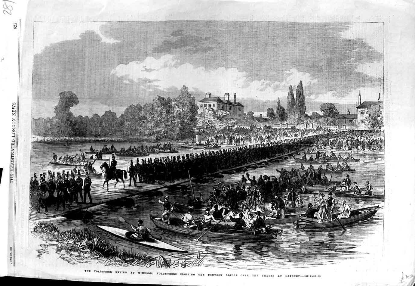 Original Old Antique Print 1868 Volunteers Siers Pontoon Bridge Thames Datchet