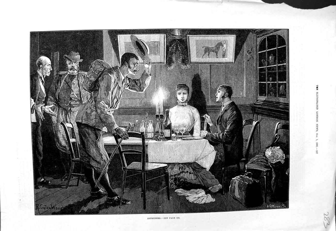 Original Old Antique Print 1881 Woodville Fine Art Dinner Intruders Mosses 19th