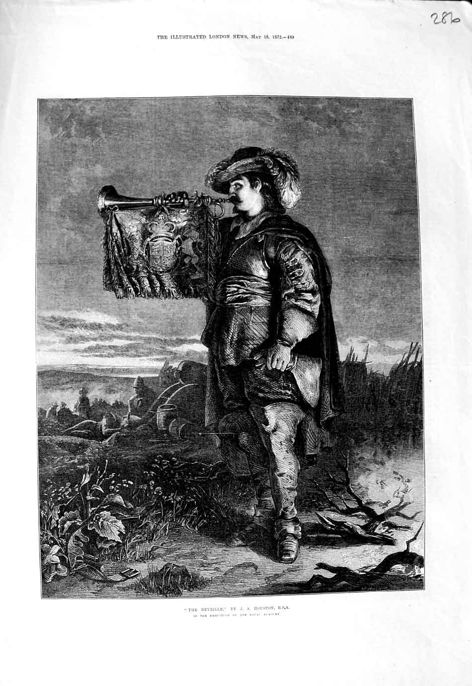 Original Old Antique Print 1872 Fine Art Portrait The Reveille Man Horn Houston