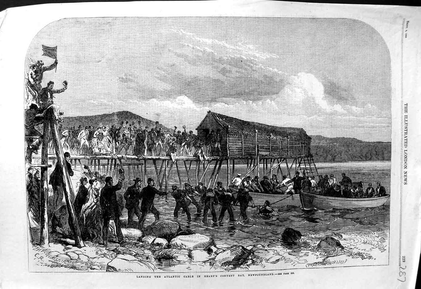Original Old Antique Print 1866 Atlantic Cable Heart'S Content Bay Newfoundland