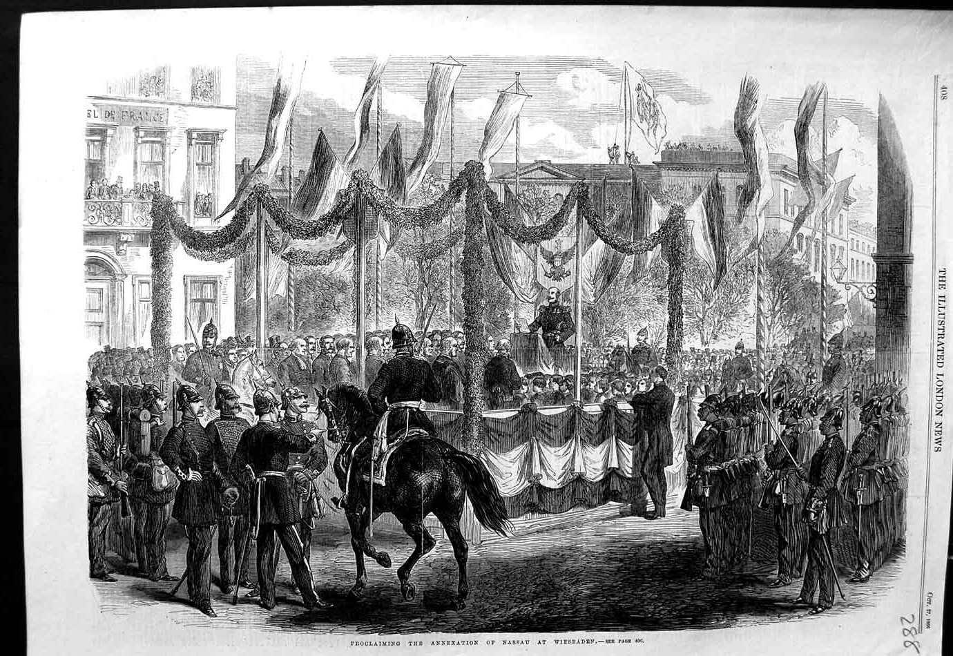 Original Old Antique Print 1866 Proclaiming Annexation Nassau Wiesbaden Siers