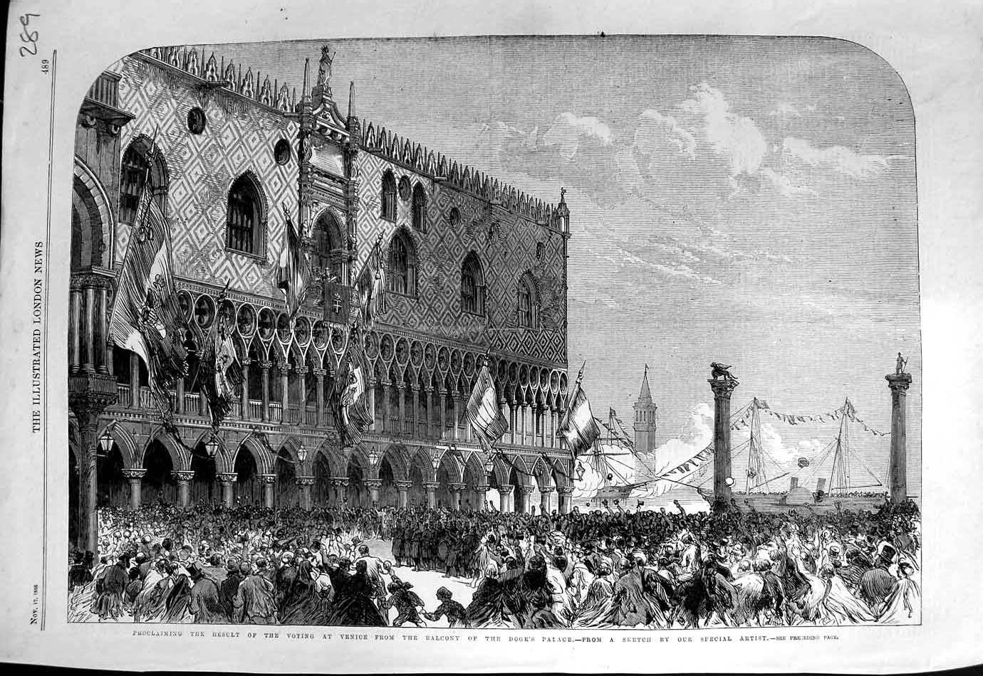 Antique Old Print *3146 1866 Proclaiming Voting Venice Balcony Doge'S Palace