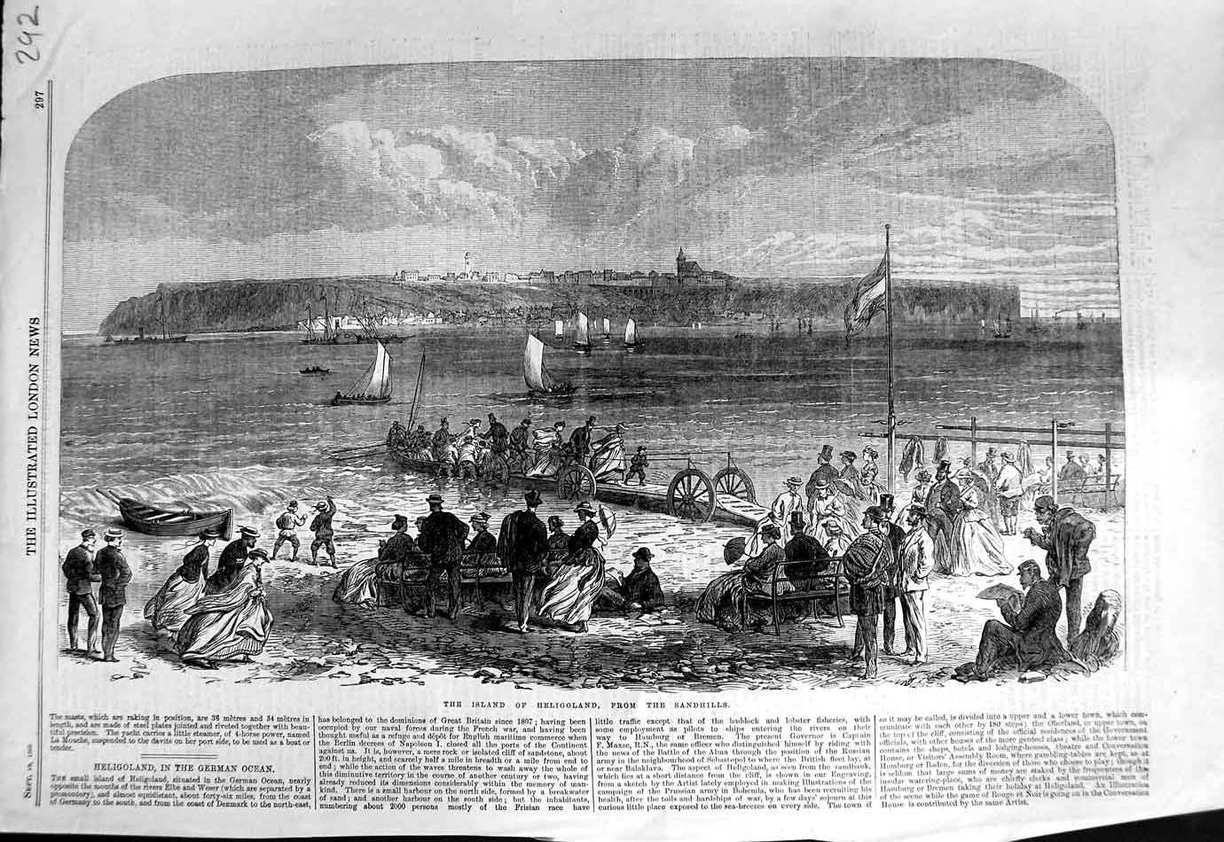 Original Old Antique Print 1866 Island Heligoland Sandhills Boats People 19th