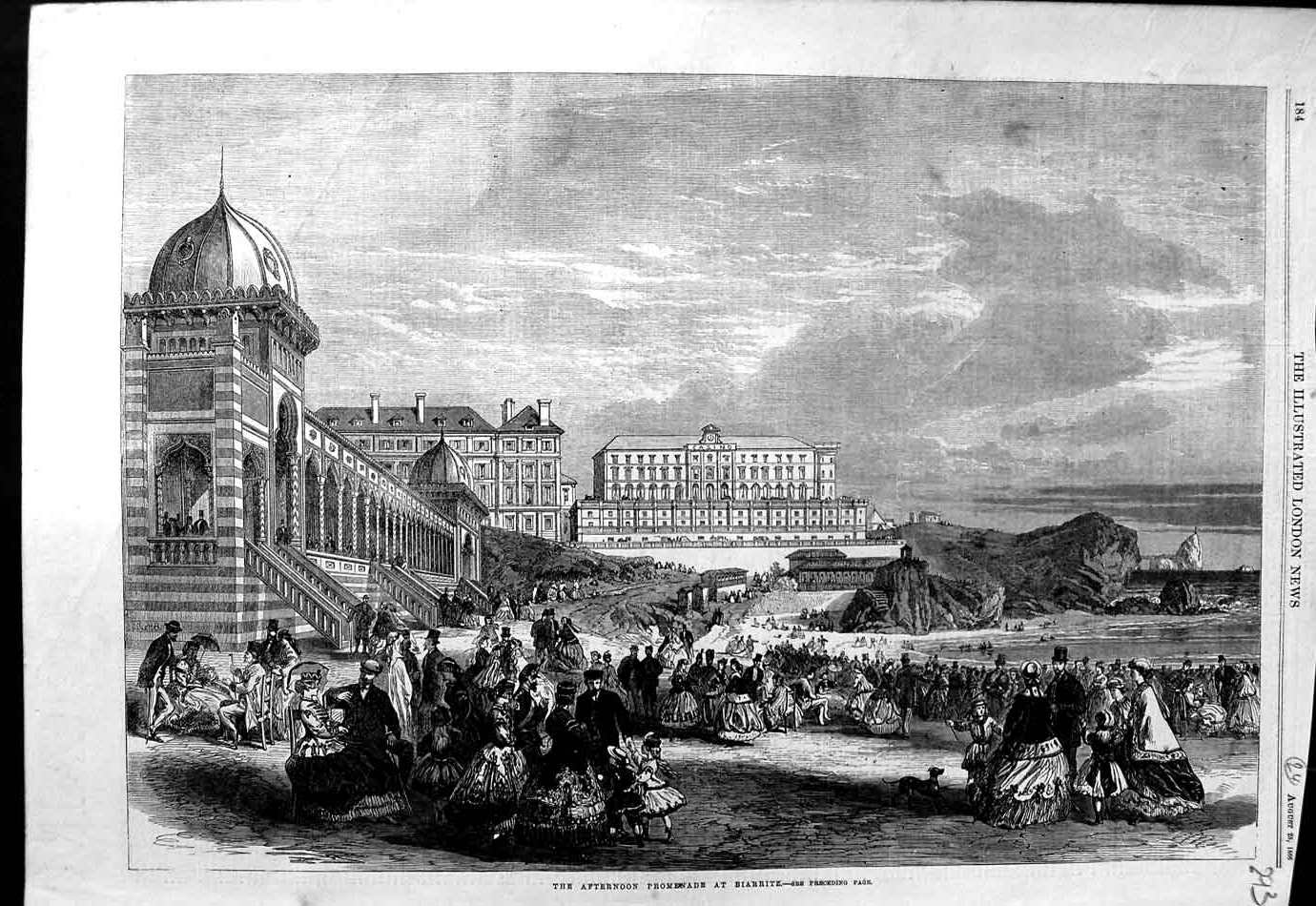 Original Old Antique Print 1866 Scene Afternoon Promenade Biarritz Beach Sea