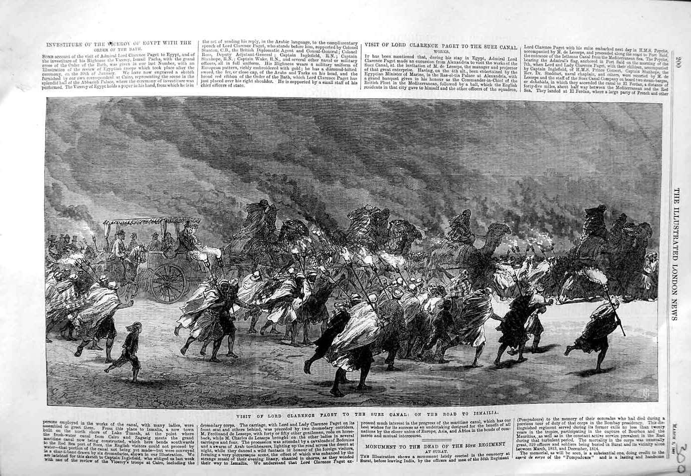 Original Old Antique Print 1867 Lord Clarence Paget Suez Canal Ismailia Camels