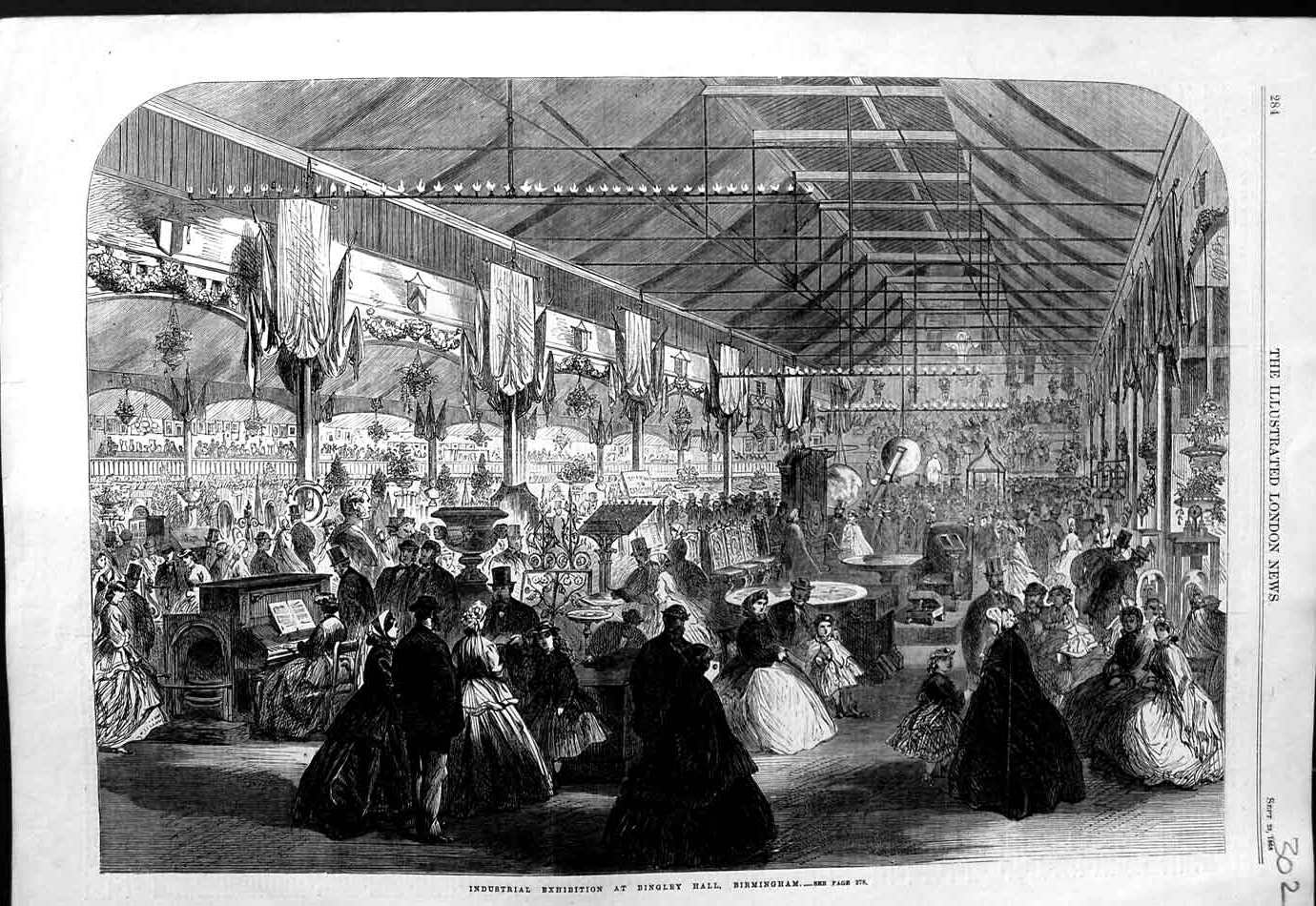 Antique Old Print *3145 1865 Industrial Exhibition Bingley Hall Birmingham