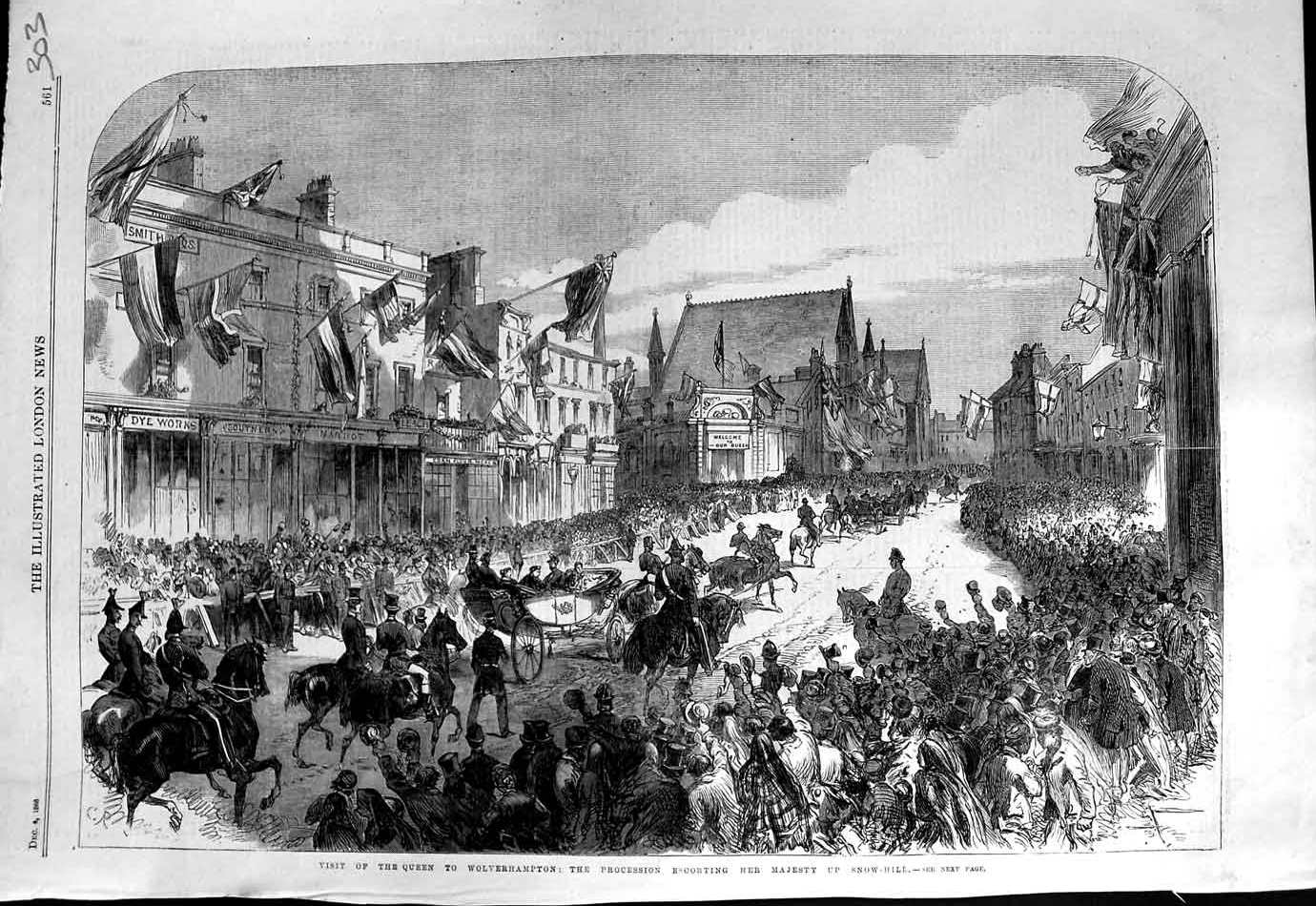 Original Old Antique Print 1866 Queen Wolverhampton Procession Snow-Hill 19th