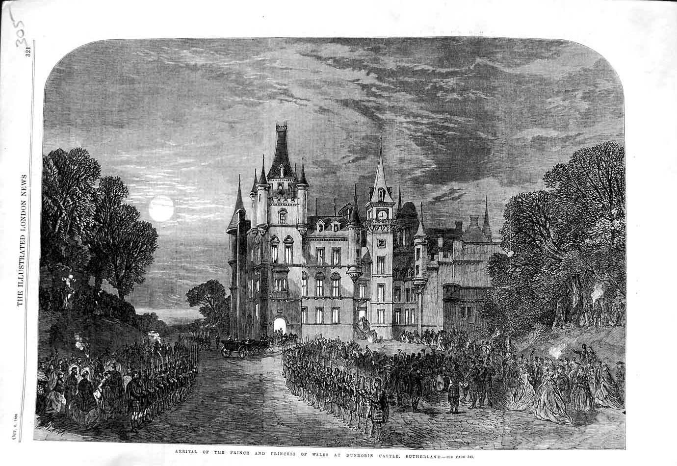 Original Old Antique Print 1866 Prince Wales Dunrobin Castle Golspie Sutherland