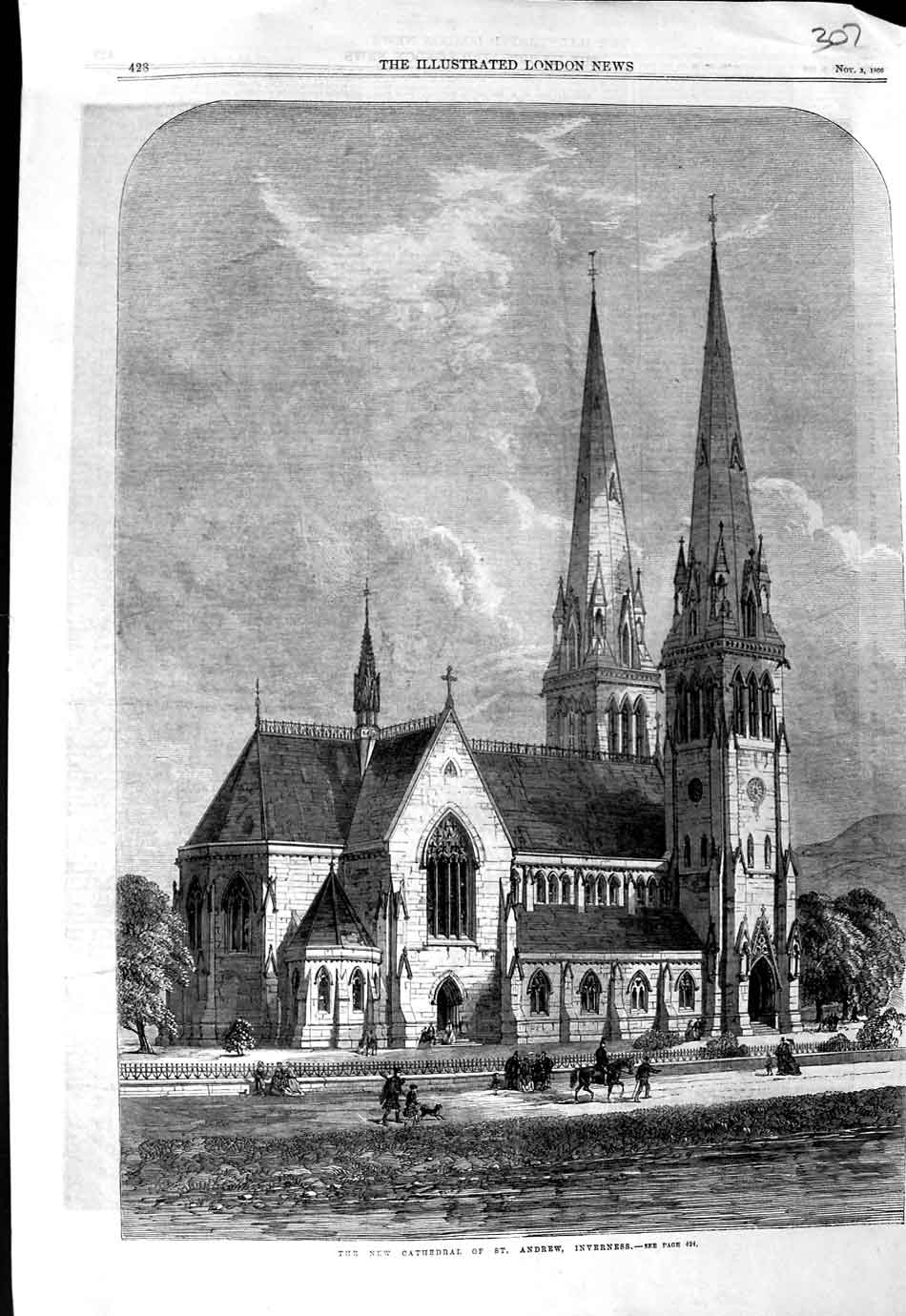 Old Antique Print 1866 New Cathedral St. Andrew Church Inverness Scotland 19th