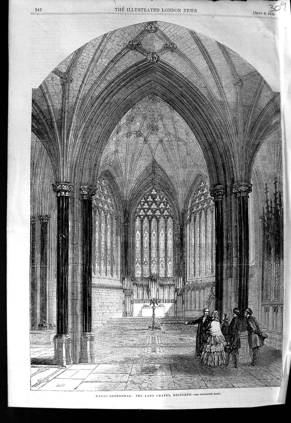 Original Old Antique Print 1856 Wells Cathedral Lady Chapel Architecture 19th