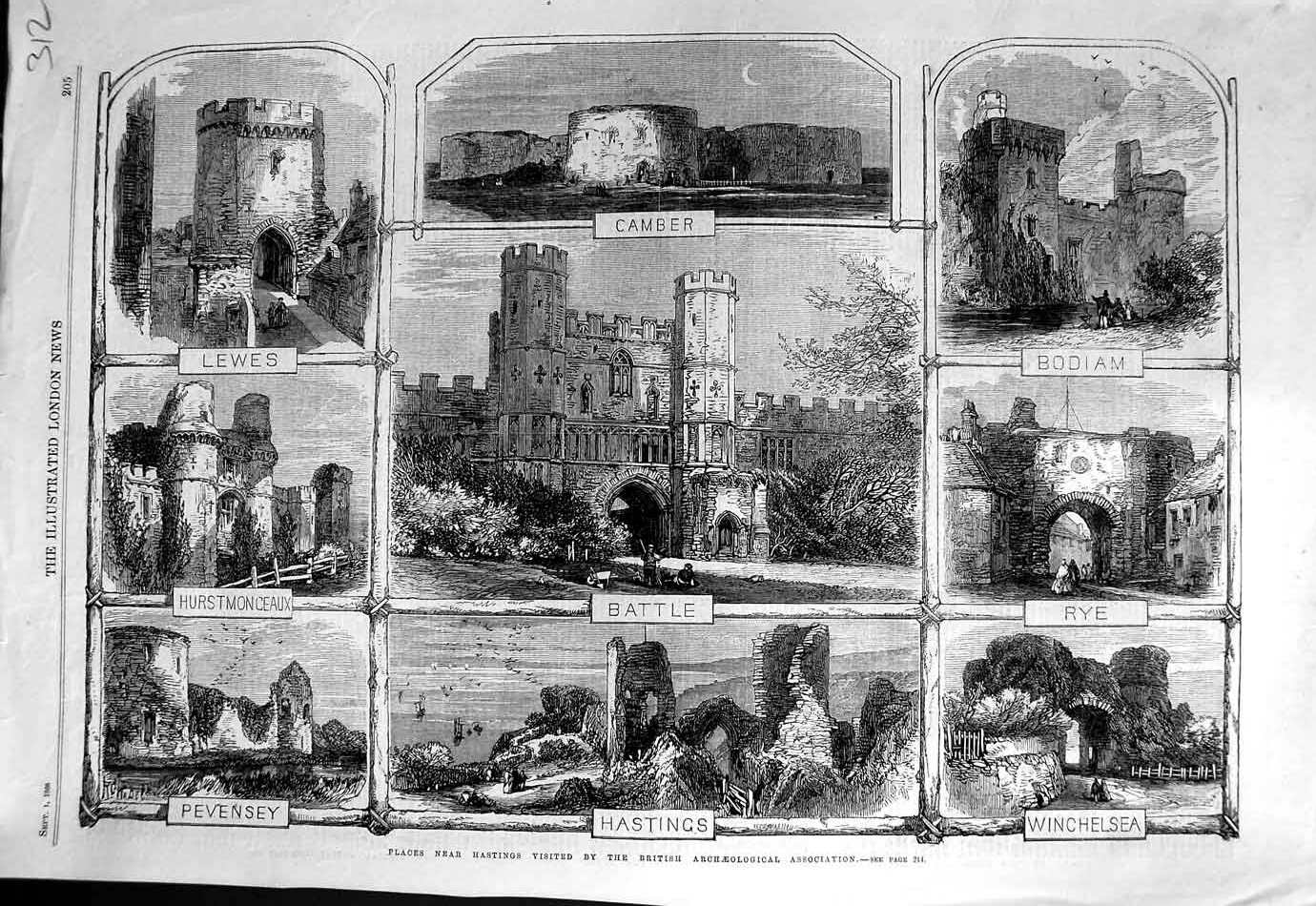 Original Old Antique Print 1866 Hastings Camber Battle Lewes Rye Winchelsea