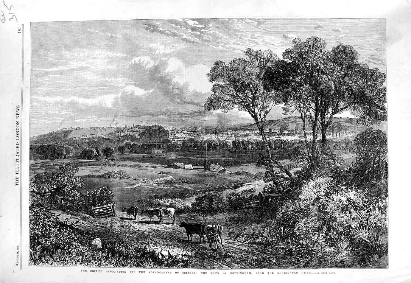 Original Old Antique Print 1866 Science View Town Nottingham Ruddington Hills