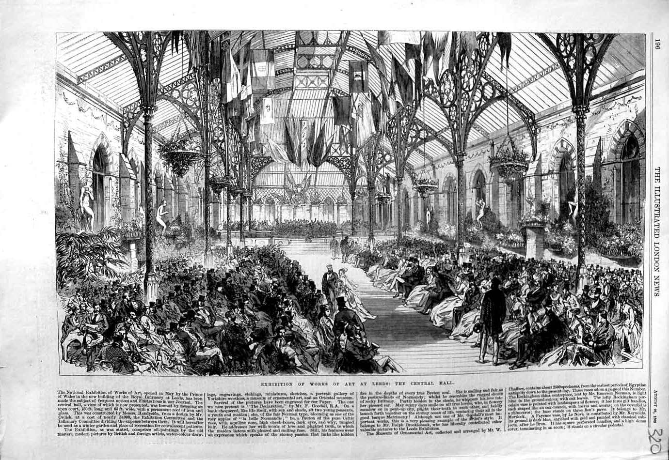 Original Old Antique Print 1868 Exhibition Works Art Leeds Central Hall Flags
